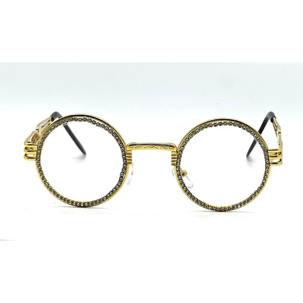 Rhinestone Sunglasses Round Frame Gold Metal Frame Men's Fashion Street Wear New